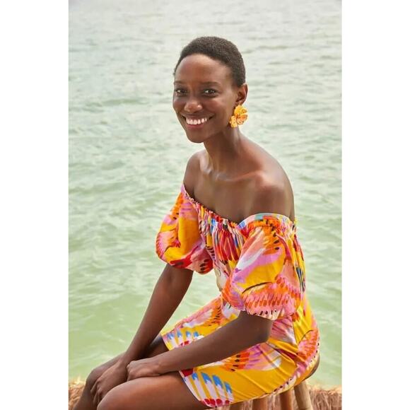 FARM RIO NEON MACKAW OFF THE SHOULDER MINI DRESS MOTHER OF PEARL BUTTON FRONT SM - Picture 1 of 9